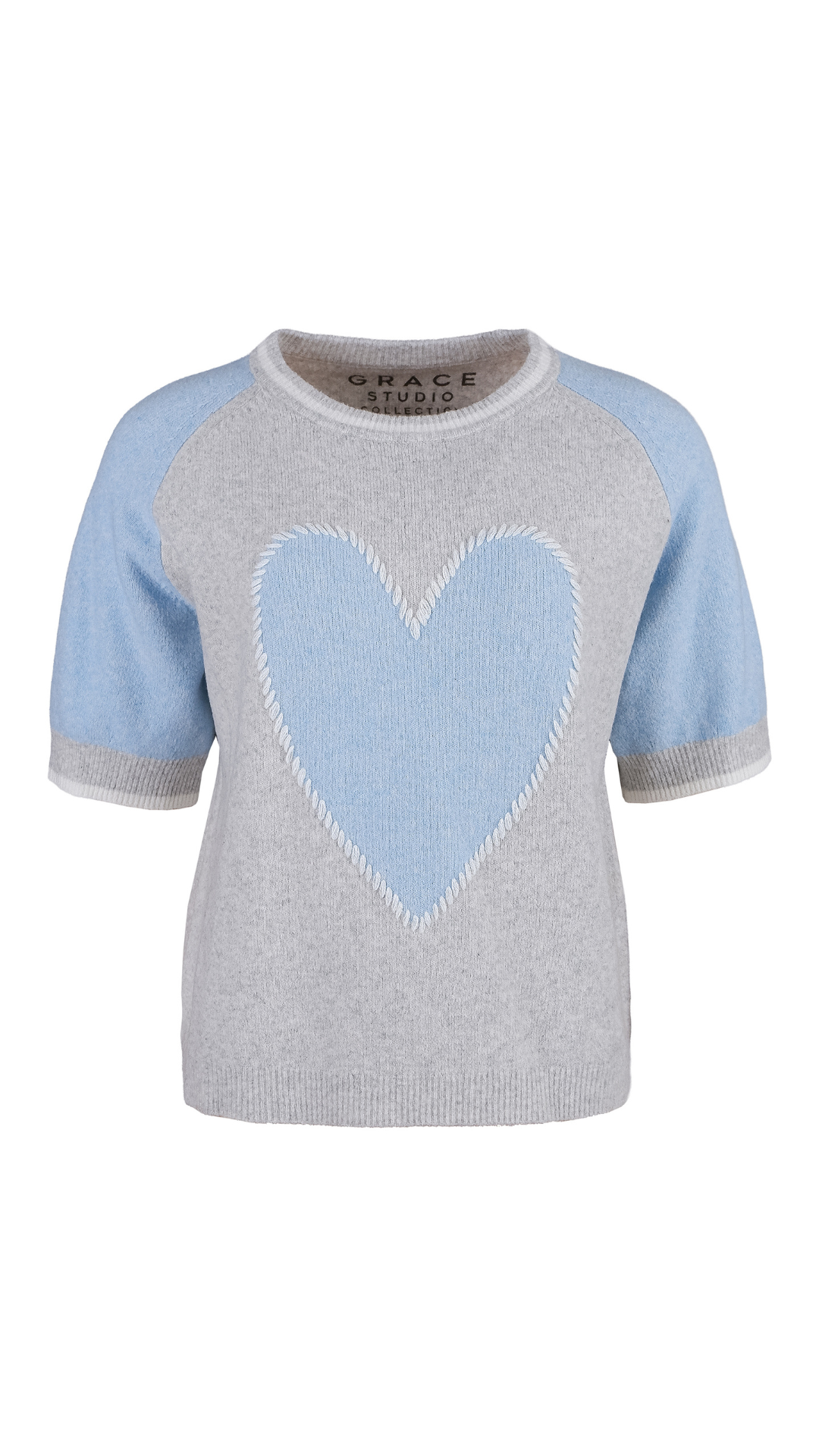 Grace NEU Kurzarm-Pullover mit Herz-Aufdruck Grau-Blau Nr. 436/1213