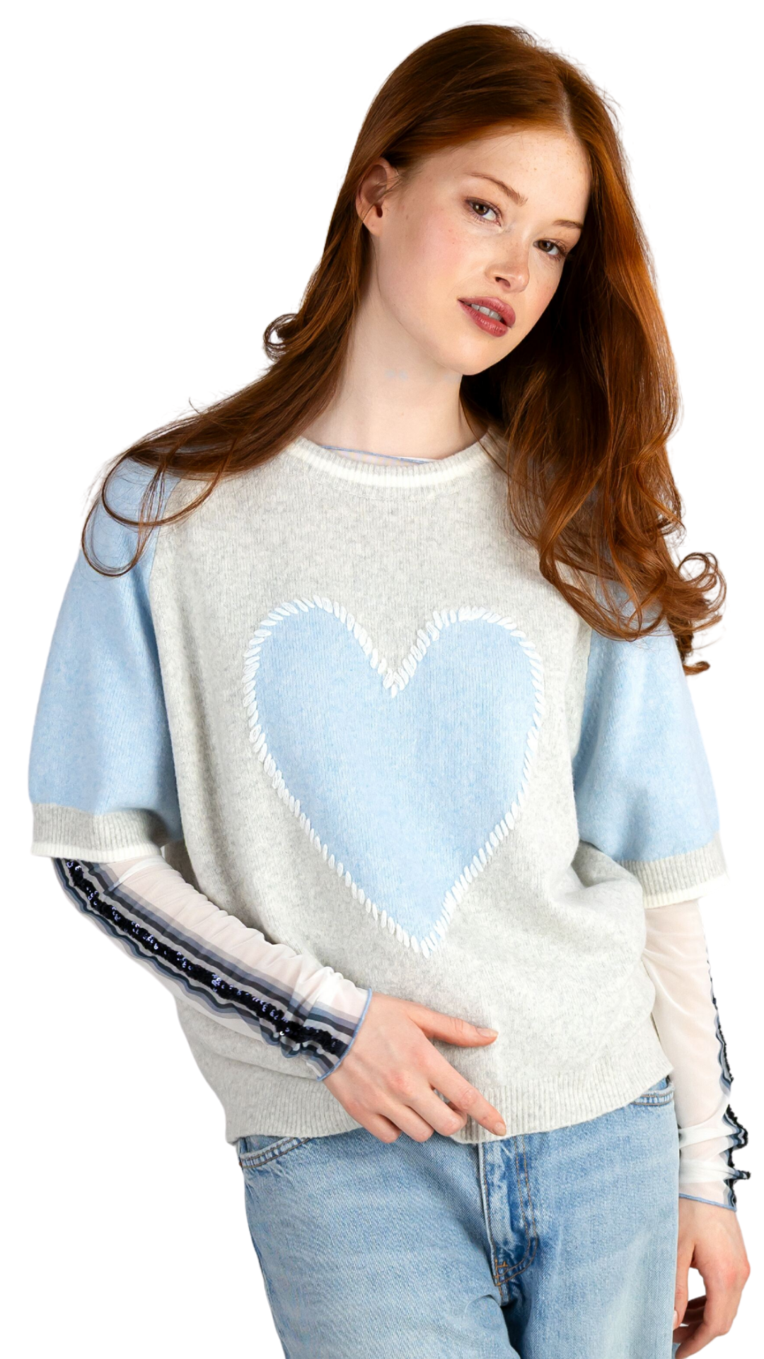 Grace NEU Kurzarm-Pullover mit Herz-Aufdruck Grau-Blau Nr. 436/1213