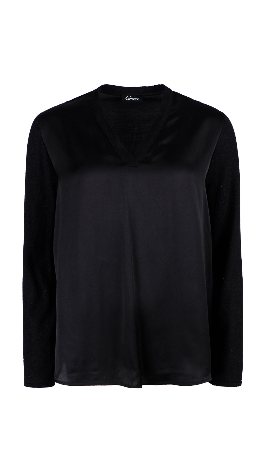 Grace NEU Satin-Bluse mit Lurex Strickärmel Schwarz Nr.436/3100